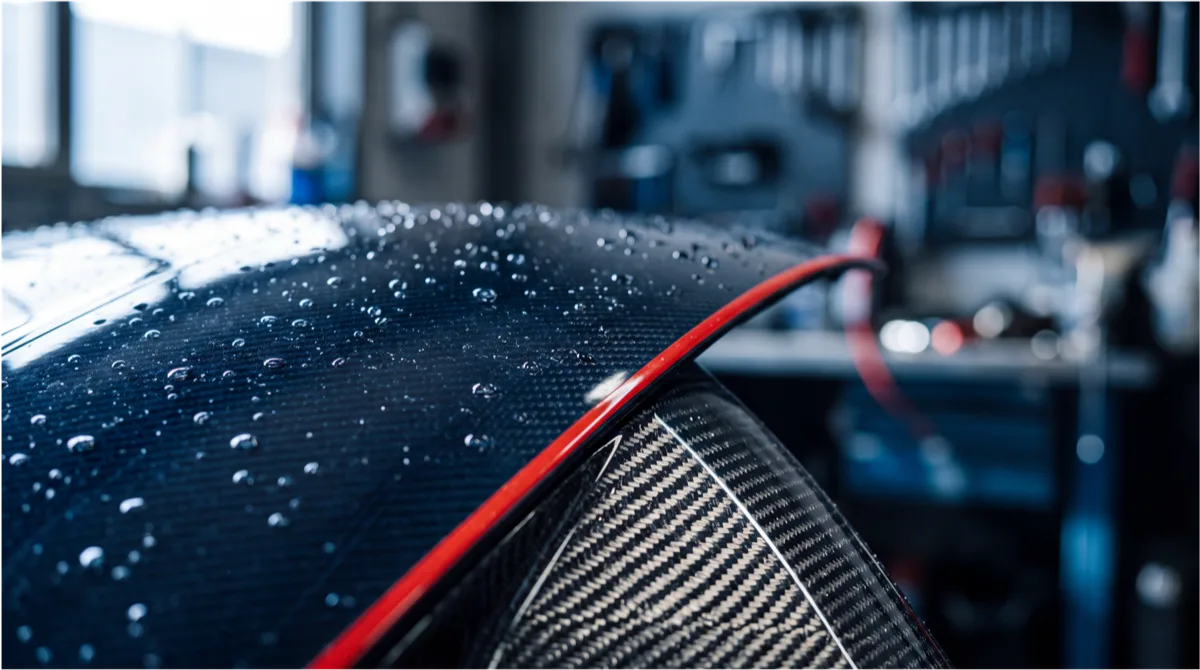 Détail matière — toit carbone perlé de pluie et liseré rouge de l'AQUILON FALAISE en atelier