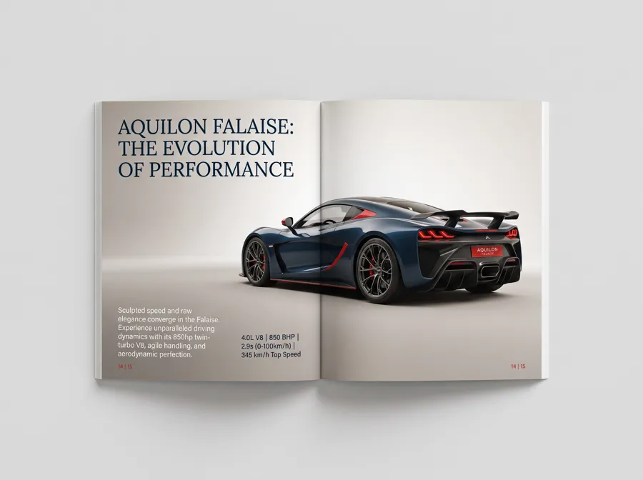 Double page catalogue print — AQUILON FALAISE, mise en page éditoriale magazine