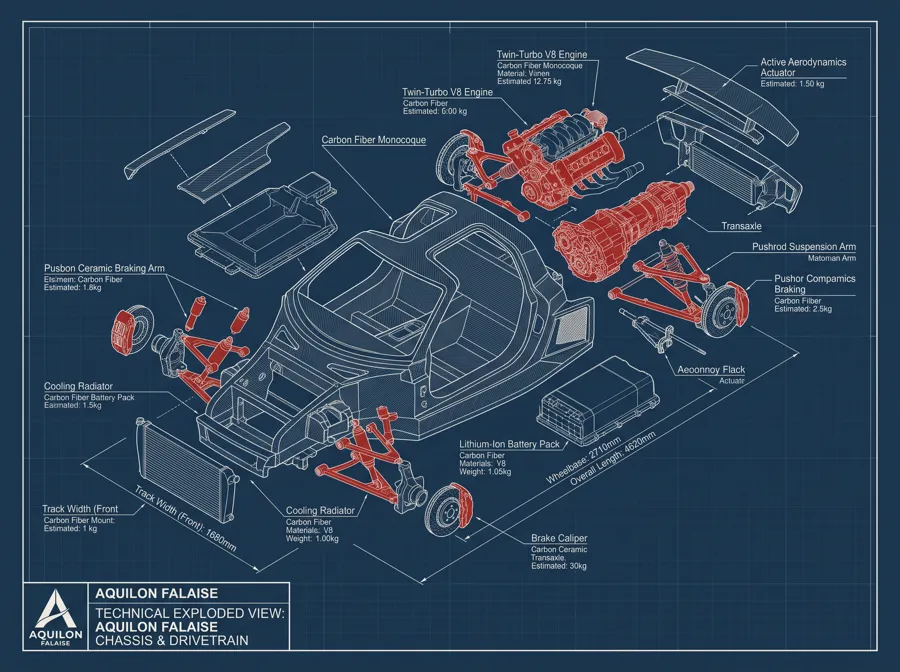 Vue éclatée technique — blueprint châssis et motorisation AQUILON FALAISE