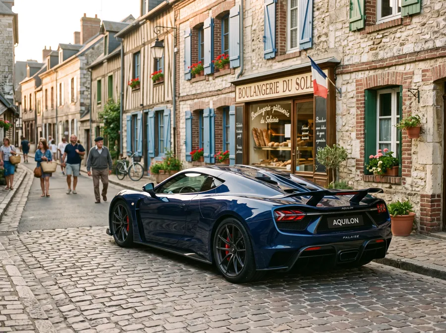 Mise en scène lifestyle — AQUILON FALAISE devant une boulangerie de village normand