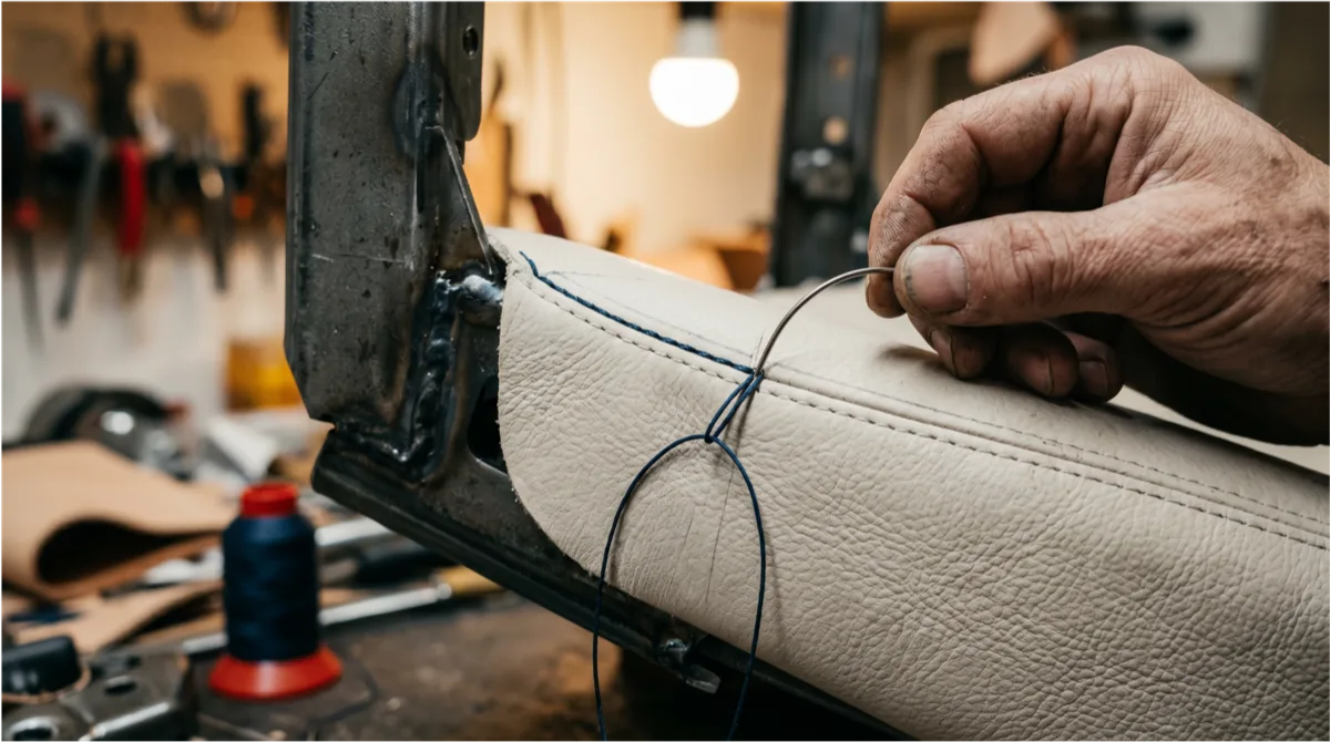 Savoir-faire — couture main de la sellerie cuir crème, fil bleu nuit