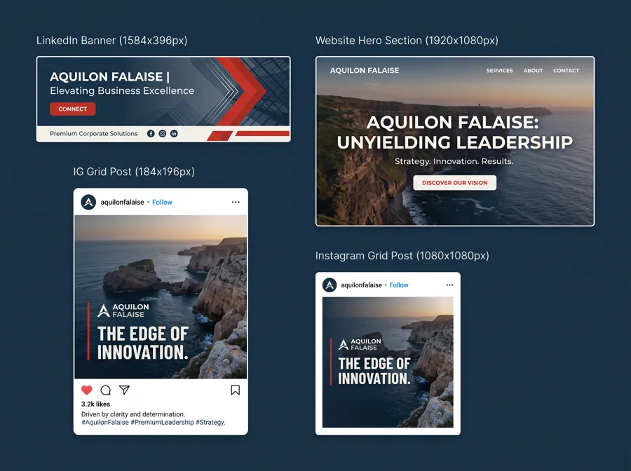 Visuels web et réseaux sociaux — bannière LinkedIn, hero de site et posts Instagram AQUILON